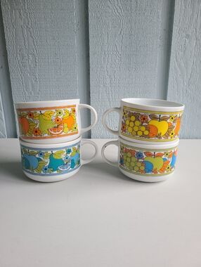 Vintage 1970s Fruit Pattern Soup Mugs